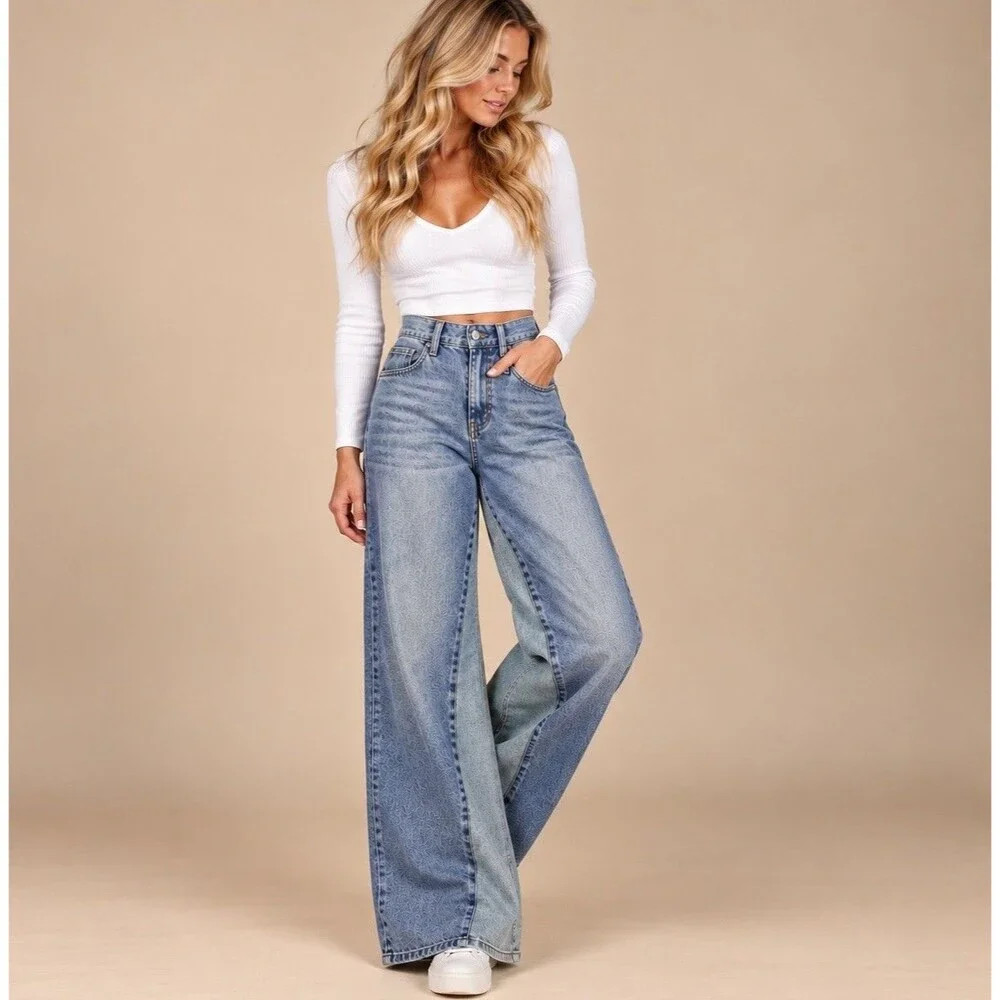 Zara Women\u2019s Size 6 Wide Leg Jeans Two Tone Contrast Wash High Rise | Poshmark