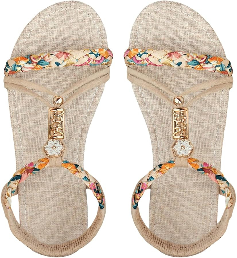 SweatyRocks Women's Floral Print Braided Flat Sandals Open Toe Ankle Strap Boho Vacation Sandals | Amazon (US)