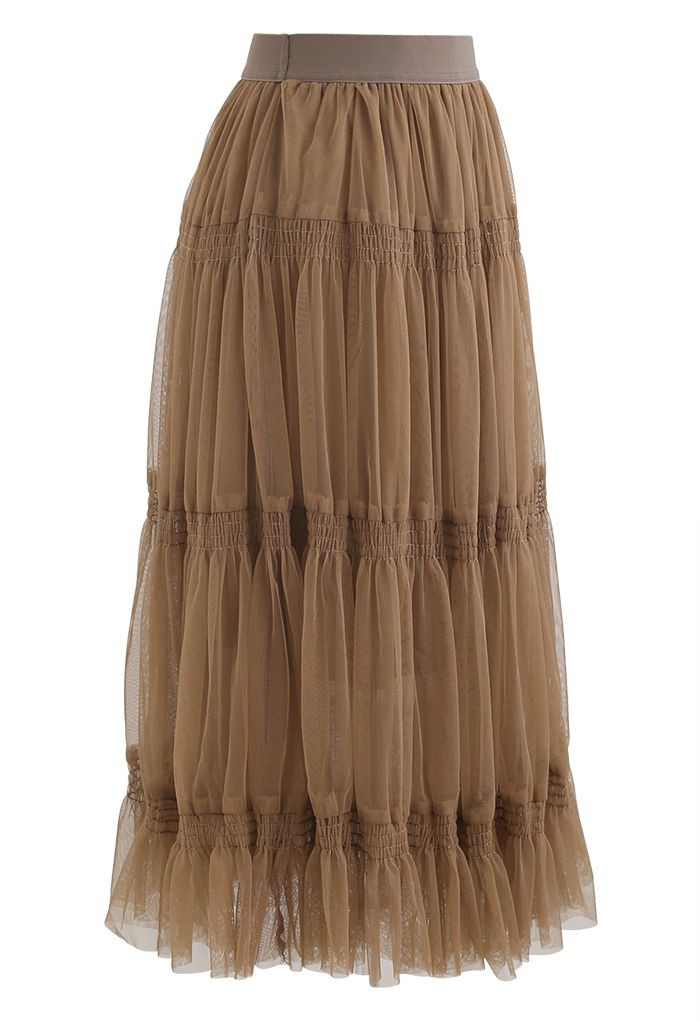 Shirred Elastic Double-Layered Mesh Skirt in Caramel | Chicwish