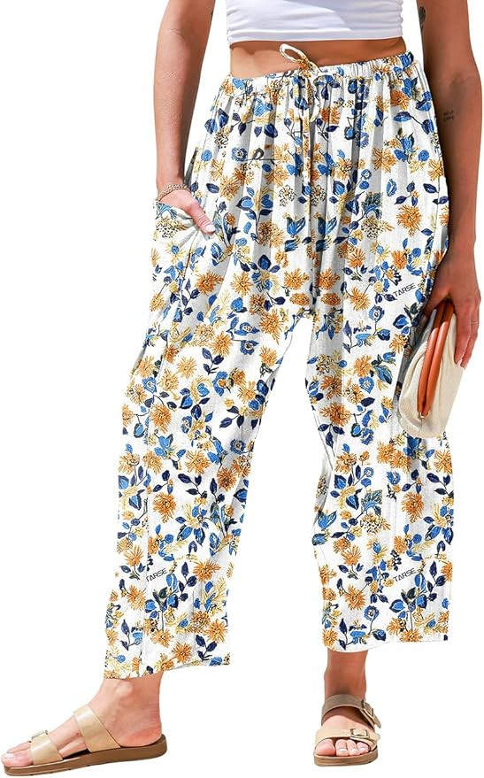 TARSE Womens Linen Wide Leg Pants Casual Loose Drawstring Summer 2026 Beach Travel Vacation Palaz... | Amazon (US)