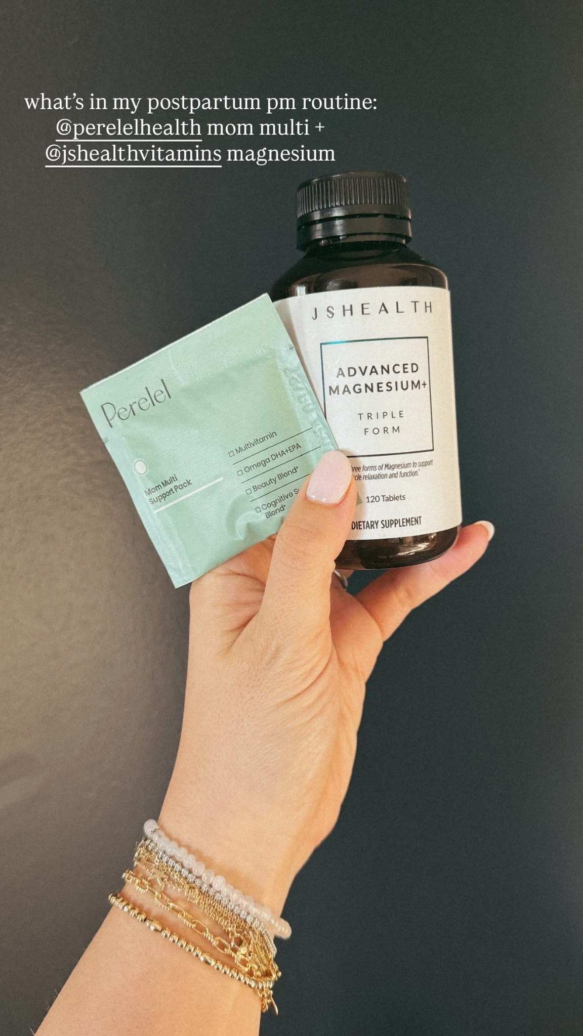 what’s in my postpartum pm routine: @perelelhealth mom multi + @jshealthvitamins magnesium