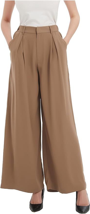 Tronjori Women High Waist Casual Wide Leg Long Palazzo Pants Trousers Regular Size | Amazon (US)