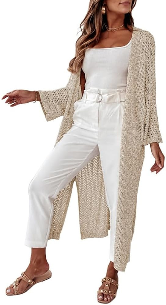 SHEWIN Women's Casual Long Sleeve Open Front Cardigan Lightweight Knit Loose Split Crochet Floor ... | Amazon (US)