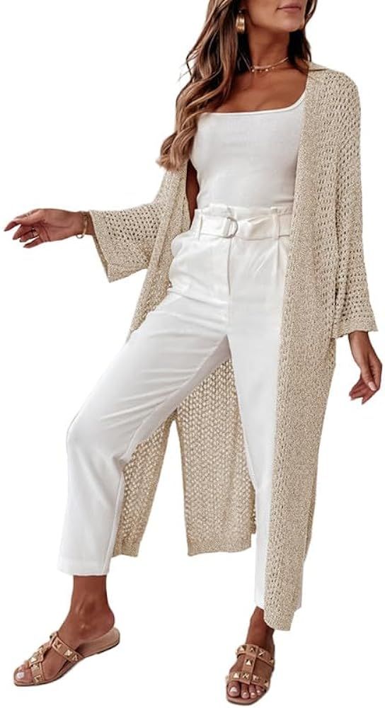 SHEWIN Women's Casual Long Sleeve Open Front Cardigan Lightweight Knit Loose Split Crochet Floor ... | Amazon (US)