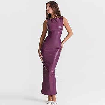 XLLAIS Women's Faux PU Leather Bodycon Maxi Dress Sexy Boatneck Tank Long Dresses | Amazon (US)
