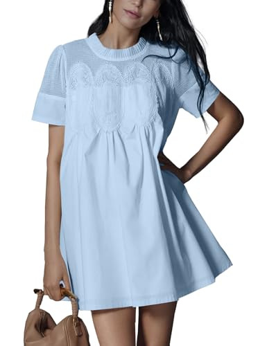 Shiyifa Womens Babydoll Lace Patchwork Dresses Summer Short Sleeve Ruffle Sundress Loose Crew Neck A-Line Dresses(Blue-S) | Amazon (US)