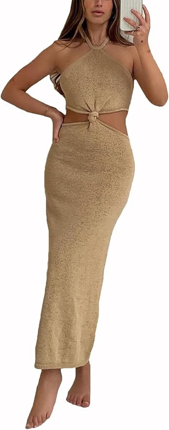 Womens Sexy Knitted Cut Out Casual Summer Beach Long Dress Spaghetti Strap/Halter Neck Backless C... | Amazon (US)