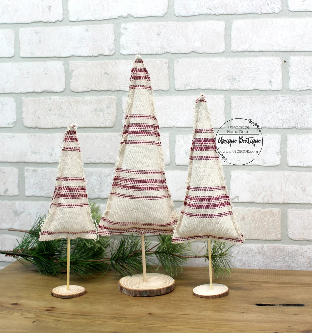 Neutral Red Stripe Grain Sack Fabric Christmas Trees, Farmhouse Christmas Decor, Set of 3, Holida... | Etsy (US)