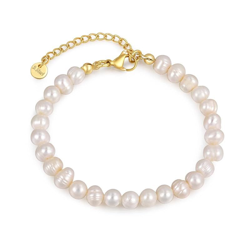 White Freshwater Pearl Bracelets for Women - 6mm Bead White Pearl Bracelet with Adjustable Golden... | Amazon (US)