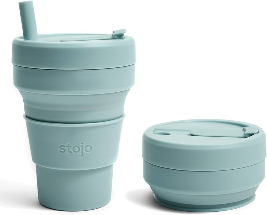 STOJO Collapsible Travel Cup With Straw - Aquamarine, 16oz / 470ml - Reusable To-Go Pocket Size S... | Amazon (US)