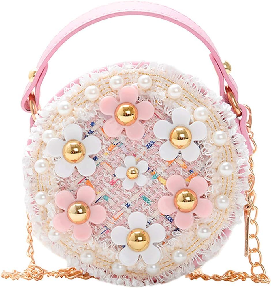 Echolife Little Girls Crossbody Purse with Pearl Flowers Mini Cute Princess Handbags Shoulder Bag fo | Amazon (US)
