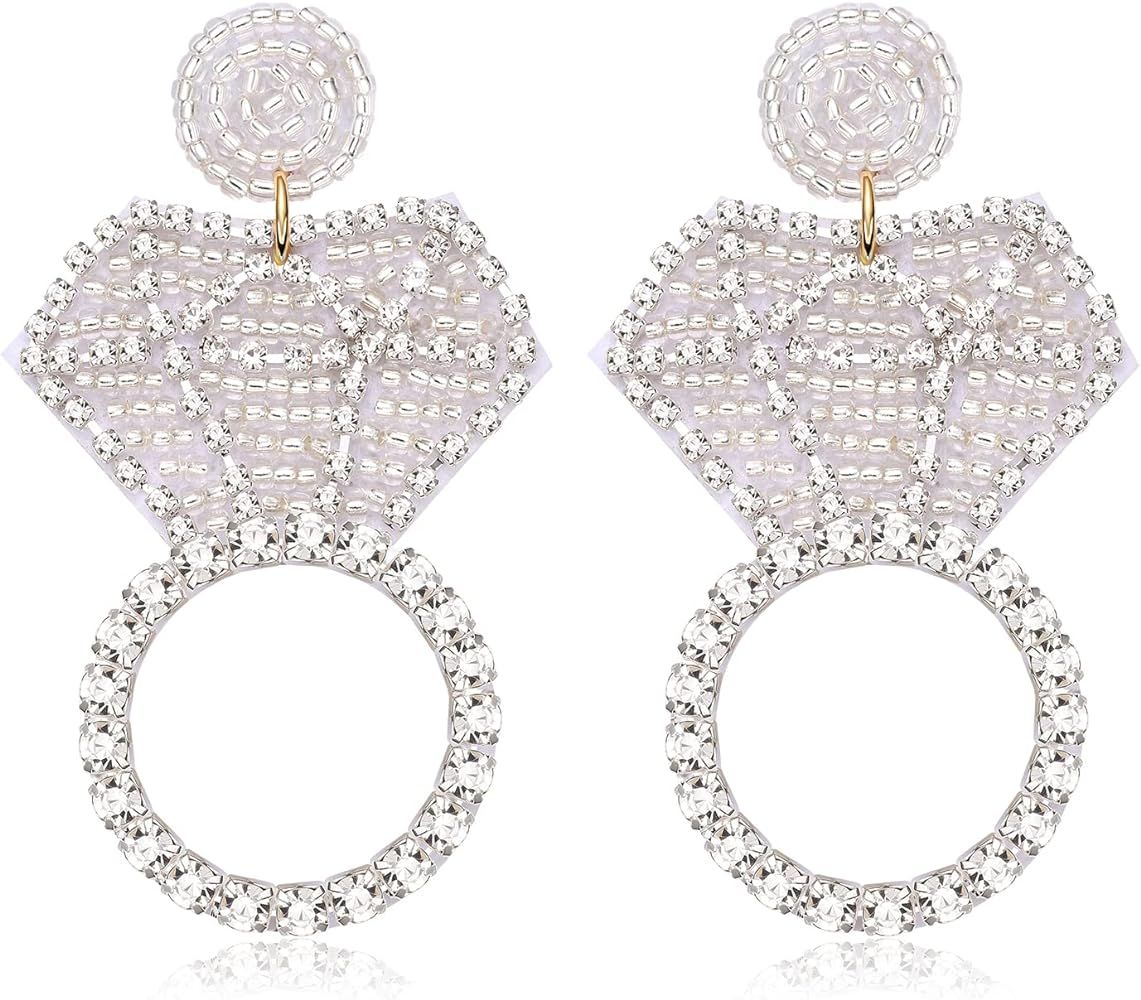 Rhinestone Wedding Bridal Earrings for Women Handmade Wedding Diamond Ring Beaded Drop Earrings F... | Amazon (US)