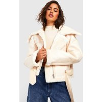 boohoo Women's Bonded Faux Fur Pu Aviator Jacket in Cream | Size: 8 | Polyurethane | boohoo (US & Canada)