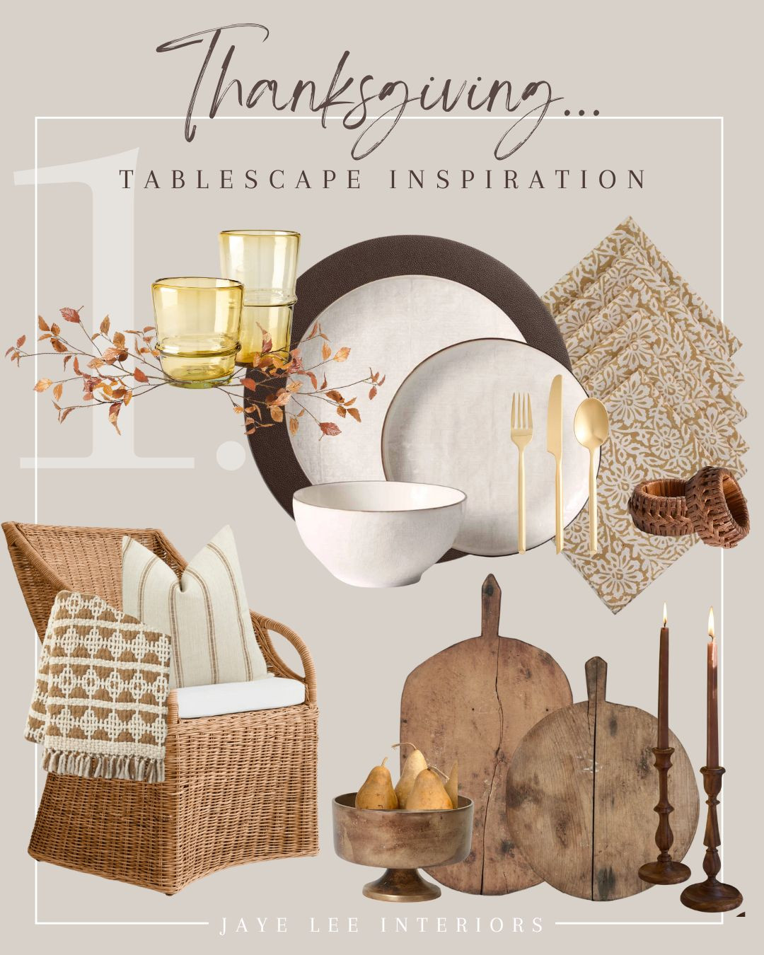 The holidays are upon us, and it's not too early to start putting together your Thanksgiving tablescape ideas... Here's a look that is casual and rustic, with a neutral palette of creamy white, autumnal golds and warm, natural wood tones. Golden Fall foliage accented with dark berries would complete the ensemble. #holidaytable #falltabletopdecor #falltablescape #holidayentertaining #jleeinteriors 

#LTKSeasonal#LTKHome 

 #LTKStyleTip #LTKFamily

#LTKGiftGuide #LTKHoliday