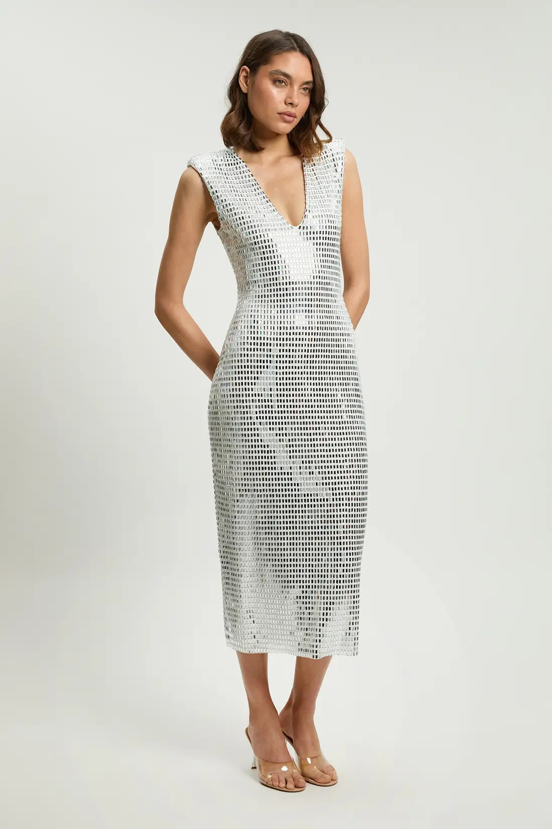 Premium Crystal Embellished Jersey Sleeveless Plunge Neck Midi Dress | Karen Millen