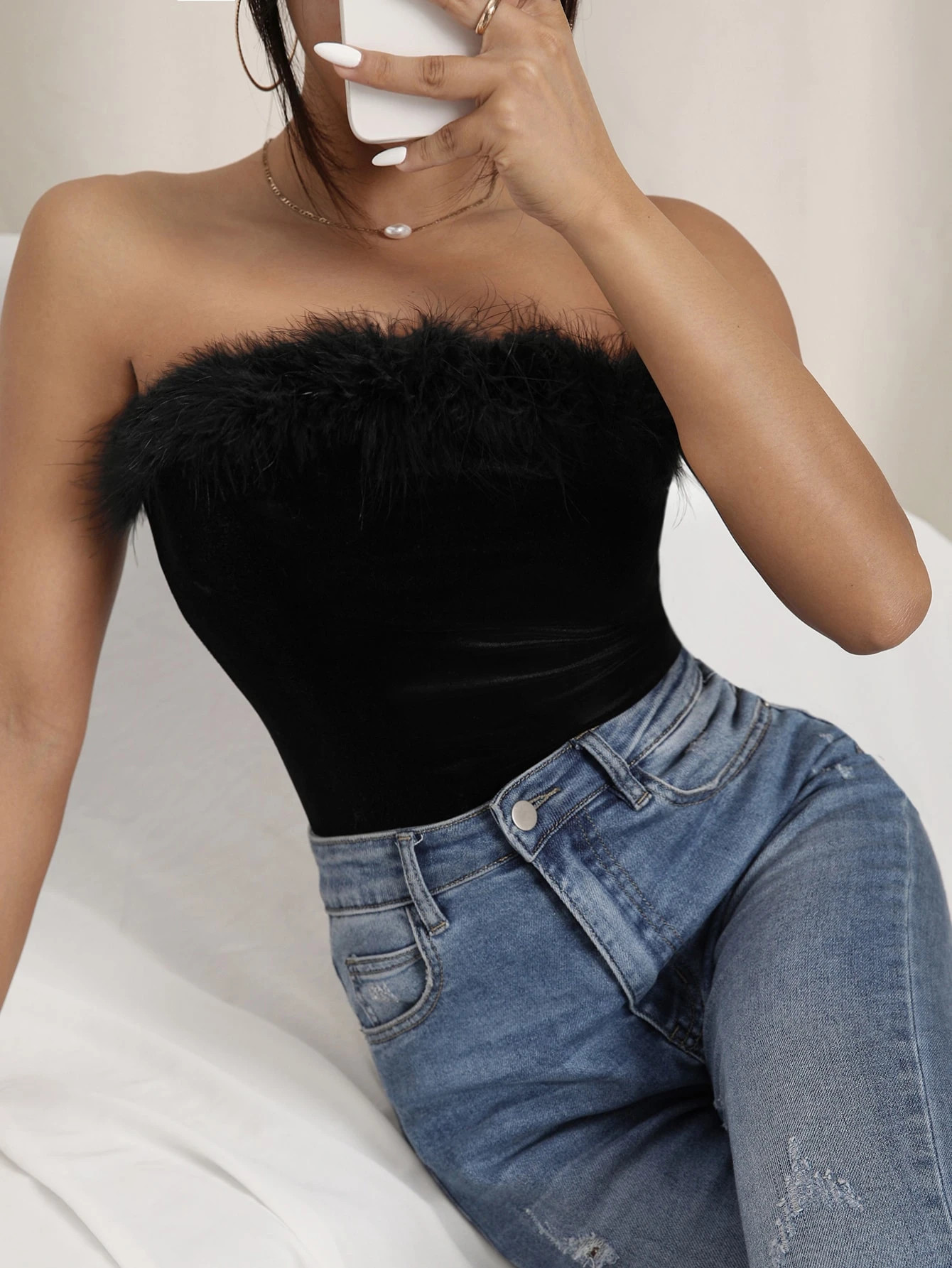 Fuzzy Trim Velvet Tube Bodysuit | SHEIN