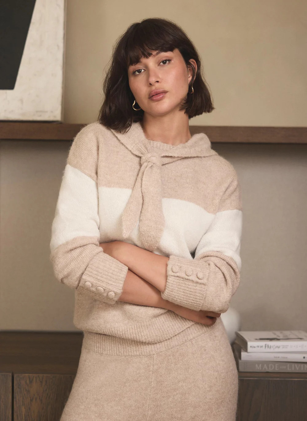 Neutral Striped Scarf Hoodie | Mint Velvet