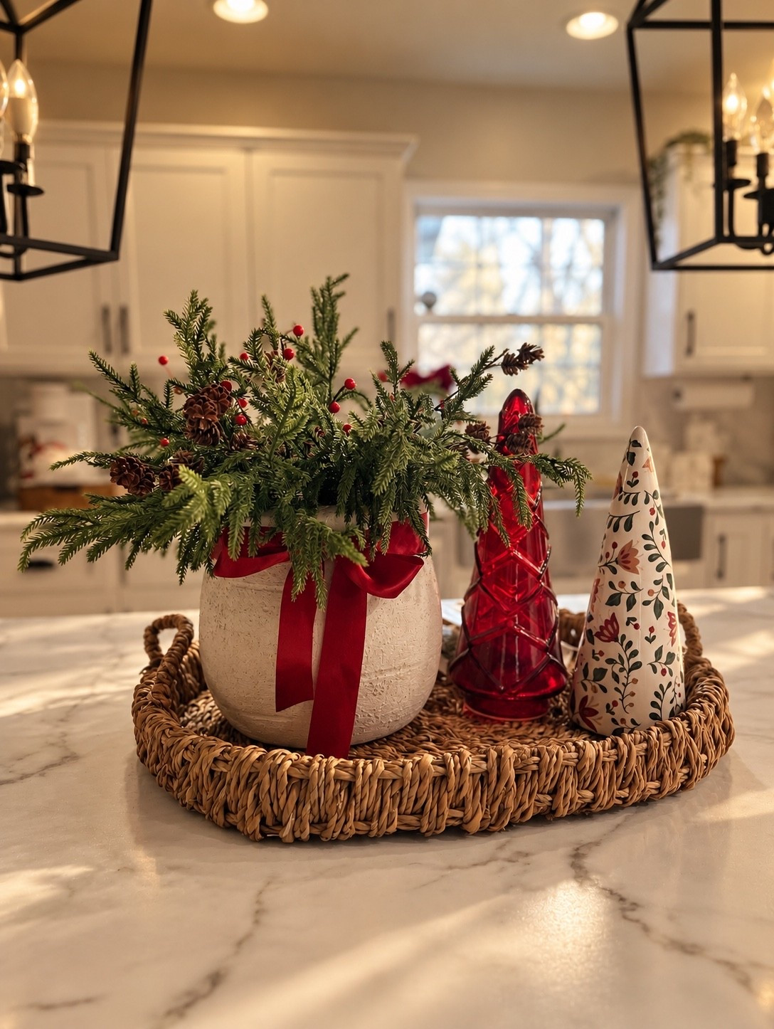 Christmas kitchen styling with the prettiest pops of red ❤️🎄 I love how a simple woven tray, holiday greenery, velvet ribbon and a few decorative trees make the kitchen island feel festive without adding too much. Cozy, classic and easy to recreate for Christmas. ✨

#ChristmasKitchen #ChristmasDecor #HolidayHome #LTKHome #ChristmasInspo

#LTKSaleAlert #LTKSeasonal #LTKHome