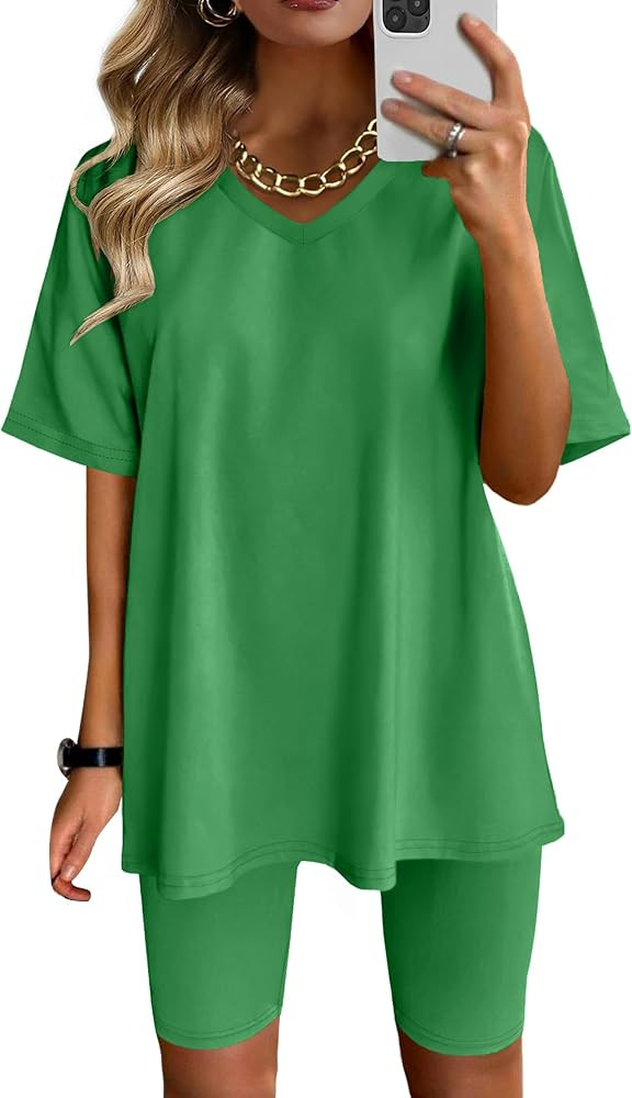 AGSEEM Two Piece Outfits For Women Summer V Neck T-Shirt Tops Biker Shorts Workout Sports Tracksu... | Amazon (US)