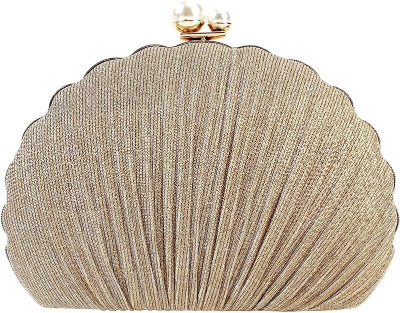 Women Mini Pleated Seashell Evening Clutch Handbag Chain Strap Cross-body Bag | Amazon (US)
