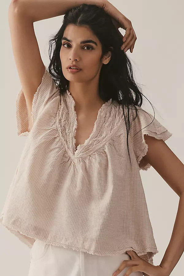 By Anthropologie Short-Sleeve Smocked Linen-Blend Blouse | Anthropologie (US)