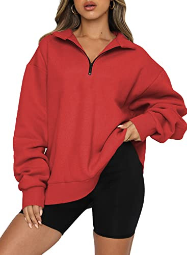 BLENCOT Women Casual Oversized Sweatshirts Half Zip Long Sleeve Drop Shoulder Solid Color Fleece Pullover Red XL | Amazon (US)