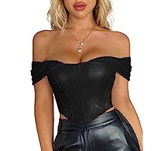 Modegal Women's Vintage PU Leather Mesh Off Shoulder Overbust Corset Fish Boned Zip Back Body Sha... | Amazon (US)