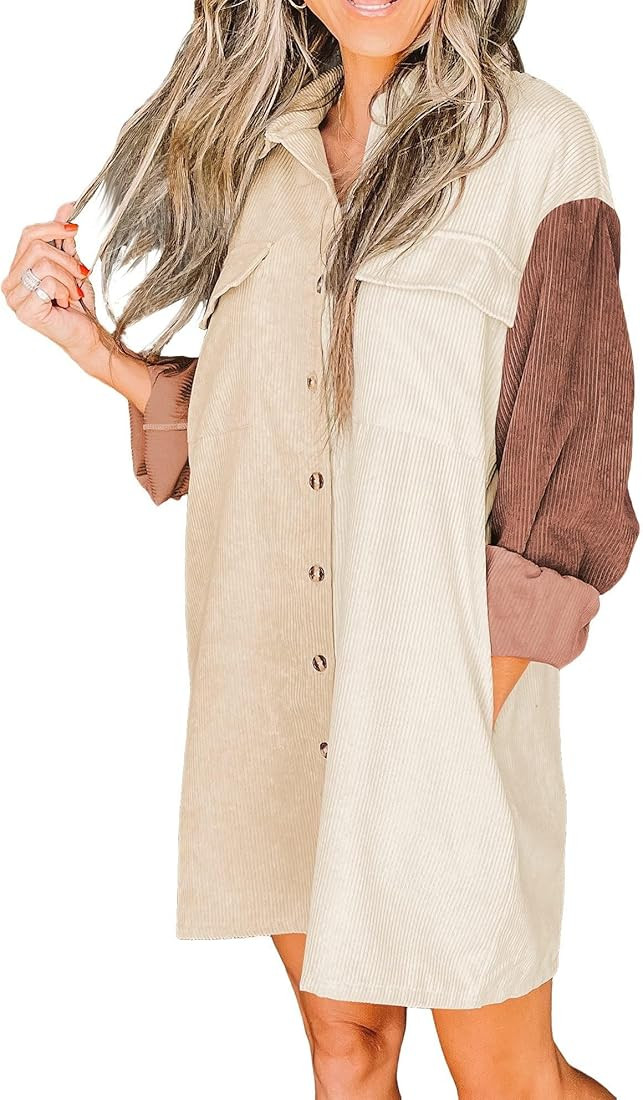 Womens Corduroy Shirt Dress Oversized Fall Button Down Long Sleeve Dress for Women | Amazon (US)