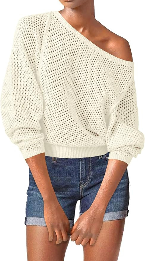 Saodimallsu Women's Summer Crochet Top Boat Neck Resort Wear Long Sleeve Oversized Hollow Out Swe... | Amazon (US)