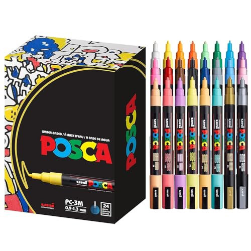 posca Paint Markers, 3M Fine Acrylic Markers with Reversible Tips, Art Supplies For Gifts, Decorations, Fabric, Metal, Glass, and Canvas, Assorted Colors, Set of 24 | Amazon (US)