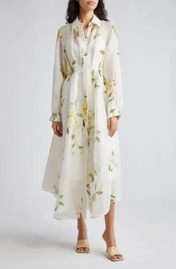 Harmony Floral Print Pleated Long Sleeve Linen & Silk Shirtdress | Nordstrom