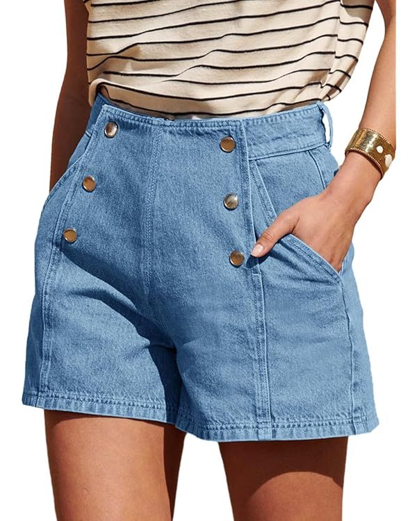 PLNOTME Womens Denim Shorts Mid Rise Casual Summer Loose Vintage Double Breasted Jean Shorts with... | Amazon (US)