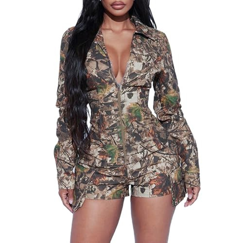Molilove Womens Casual Camouflage Jumpsuit Y2K Long Sleeve Zipper Cargo Shorts Romper Camo One Piece Outfits Streetwear | Amazon (US)