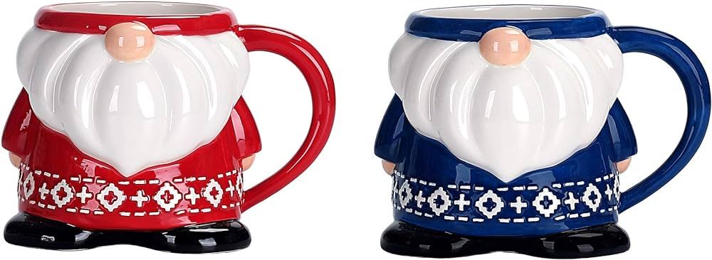 Bico Ceramic Red & Blue Christmas Gnome 15oz Mugs Set, Handpainted, Microwave & Dishwasher Safe | Amazon (US)