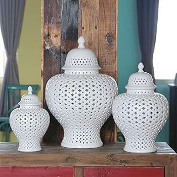 Traditional Chinese White Lattice Ginger Jar with Lid, Carved Lattice Decorative Temple Jar, Carthag | Amazon (US)