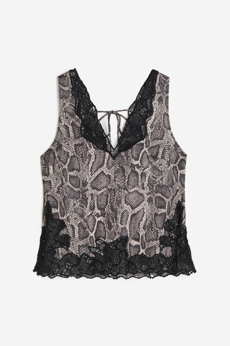 Lace-detail satin top - V-neck - Sleeveless - Brown/Snakeskin-patterned - Ladies | H&M GB | H&M (UK, MY, IN, SG, PH, TW, HK)