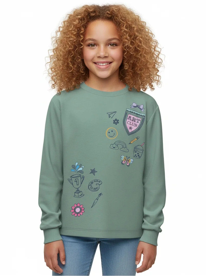 Wonder Nation Girls Graphic Art Club Tee with Long Sleeves, Sizes 4\u201318 | Walmart (US)