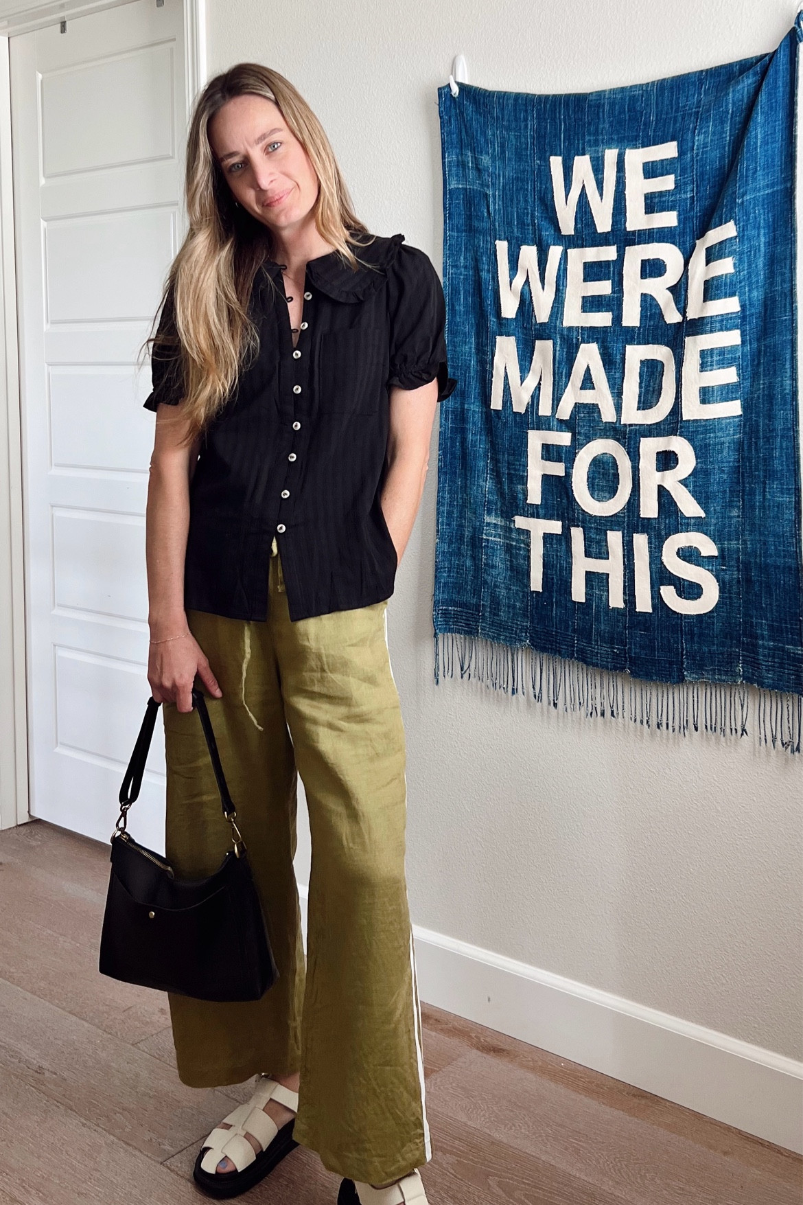 Cutest Peter Pan collar blouse. So many good color options. Wearing a size small. 

Pants handmade by me
Shoes thrifted MOHI