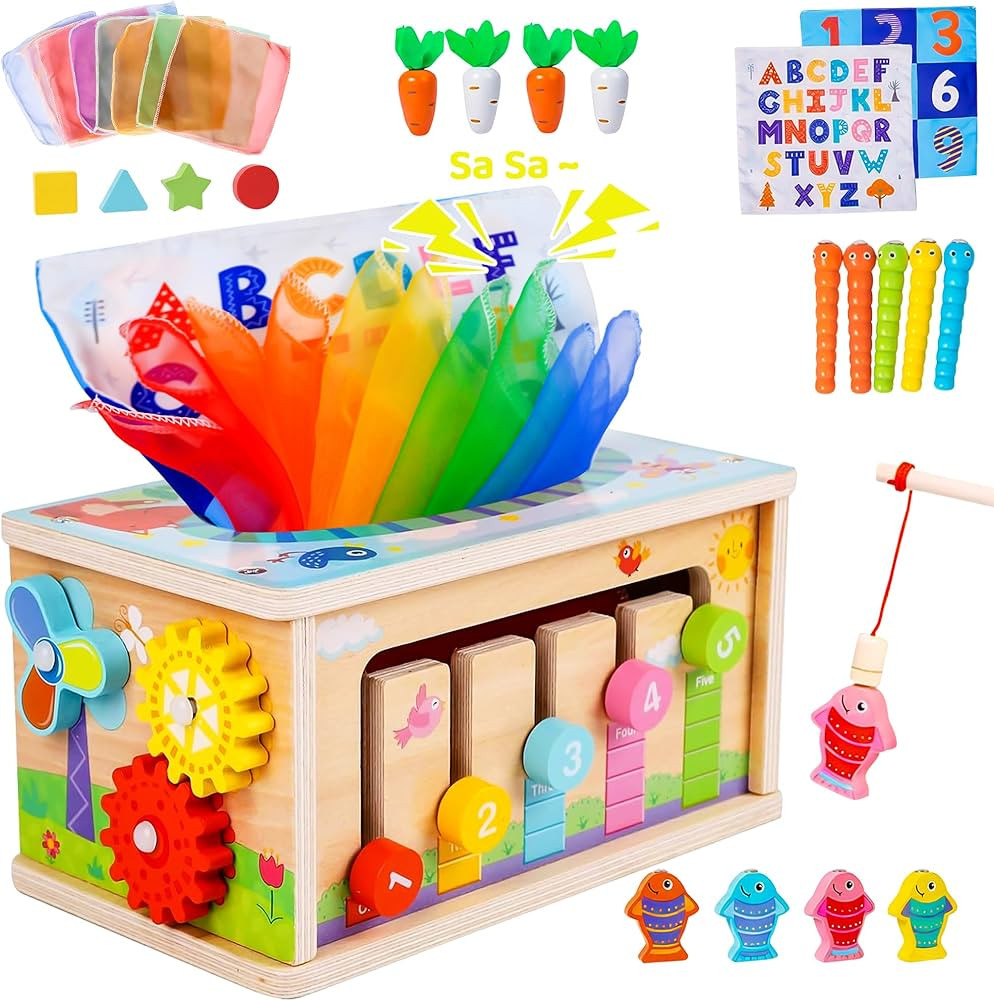 Montessori Baby Wooden Tissue Box Toy 6-in-1 Sensory Tissue Box Toy for Babies 6-12 Months Develo... | Amazon (US)