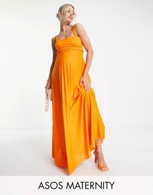 ASOS DESIGN Maternity ruched bust pleated maxi dress in orange | ASOS (Global)