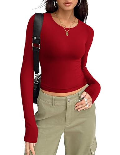 Zeagoo Long Sleeve Red Crop Top T Shirts Casual Basic Going Out Ribbed Tops Slim Fit Long Sleeve Fall Tight T Shirts Soft Thermal Shirts Red Large | Amazon (US)