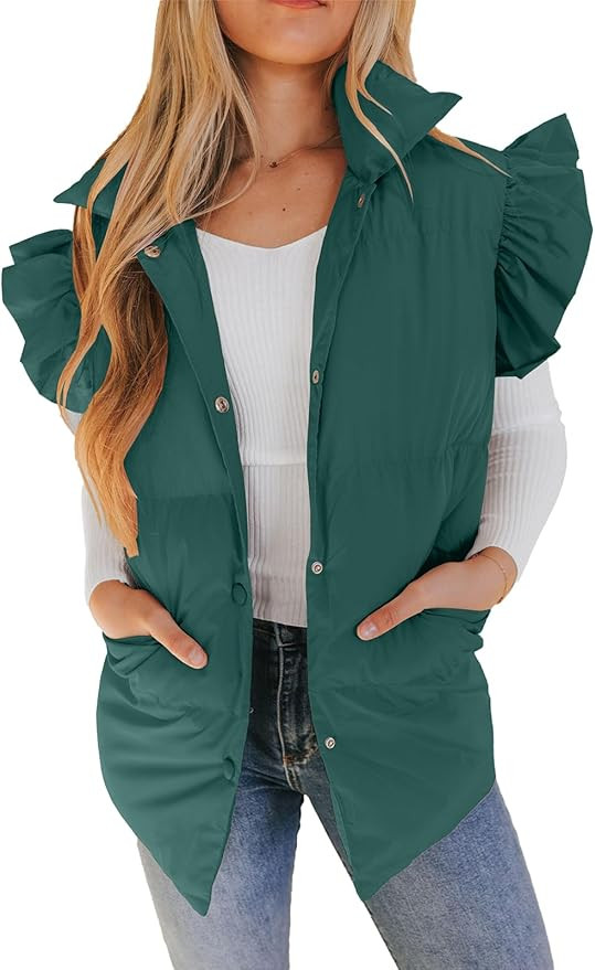 Valphsio Women's Puffer Vests Ruffle Sleeve Winter Button Down Padded Gilet with Pockets | Amazon (US)