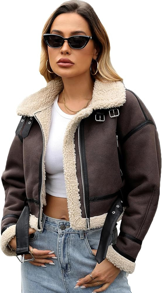 LY VAREY LIN Winter Women Faux Lamb Fur Leather Short Jacket Lapel Zipper Bomber Aviator Coat | Amazon (US)