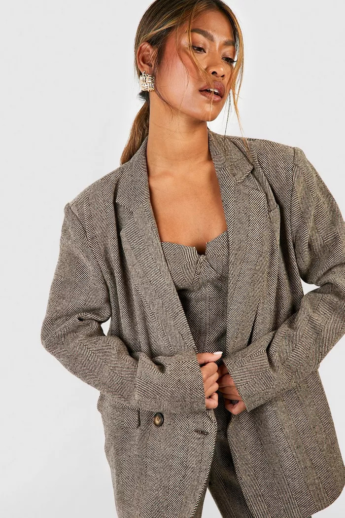 Tonal Herringbone Relaxed Fit Tailored Blazer | boohoo (US & Canada)