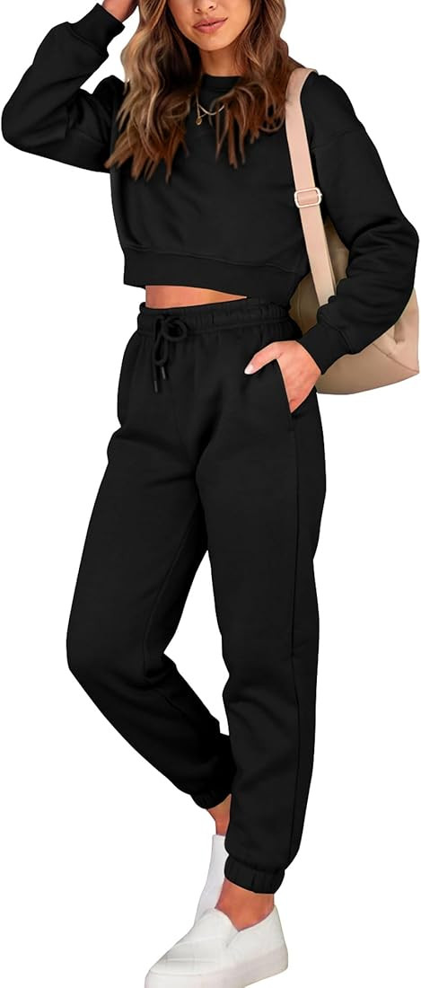 BTFBM Women 2 Piece Outfits 2023 Long Sleeve Crop Tops Tracksuit Drawstring Pant Jogger Set Casua... | Amazon (US)