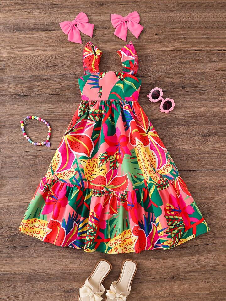 Young Girl Woven Tropical Floral Square Neck Fitted Camisole Dress | SHEIN