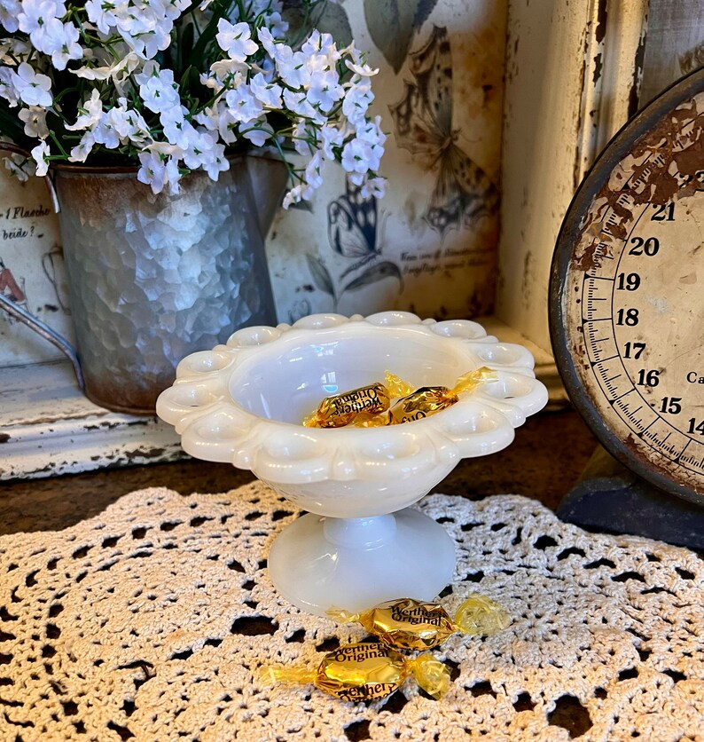 Anchor Hocking Open Lace Milk Glass Pedestal Dish/compote - Etsy | Etsy (US)