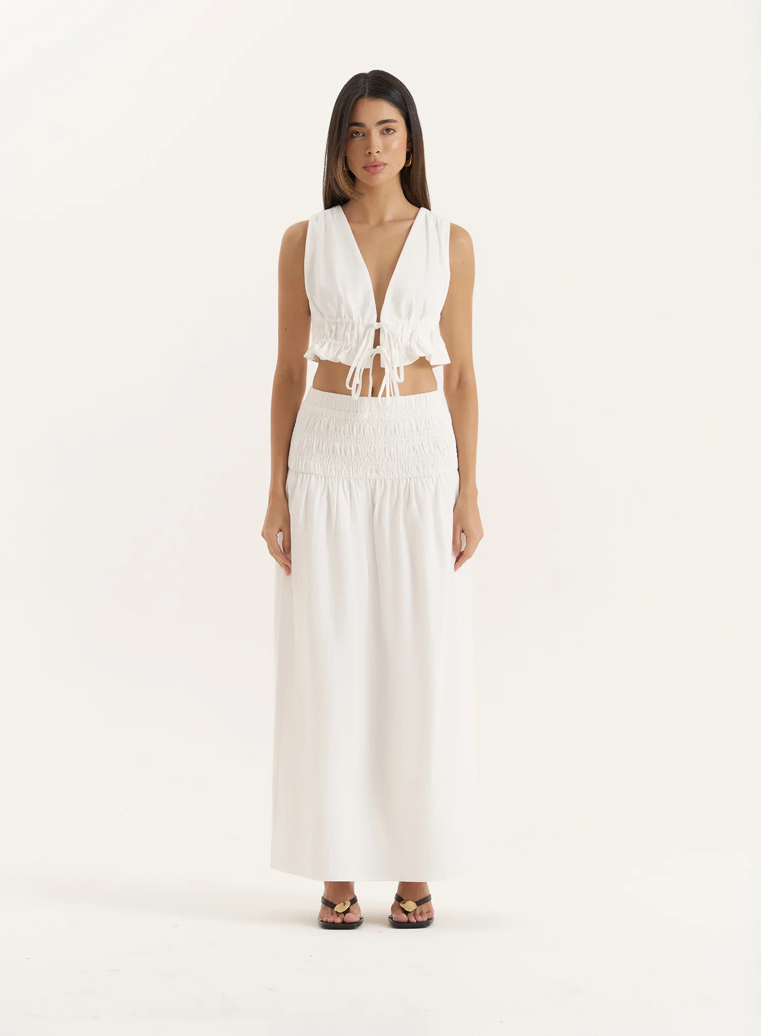 White Drop Waist Shirred Maxi Skirt- Jadey | 4th & Reckless