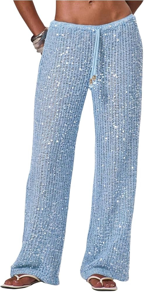 WDIRARA Women's Sequin Crochet Cover Up Pants Hollow Out Beach Pants Swimwear | Amazon (US)