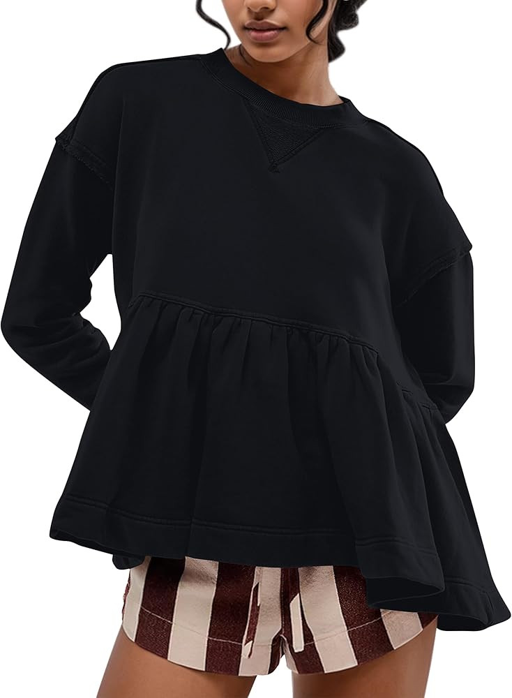MISSACTIVER Women's Cute Ruffle Hem Babydoll Sweatshirt Crew Neck Long Sleeve Drop Shoulder Trend... | Amazon (US)